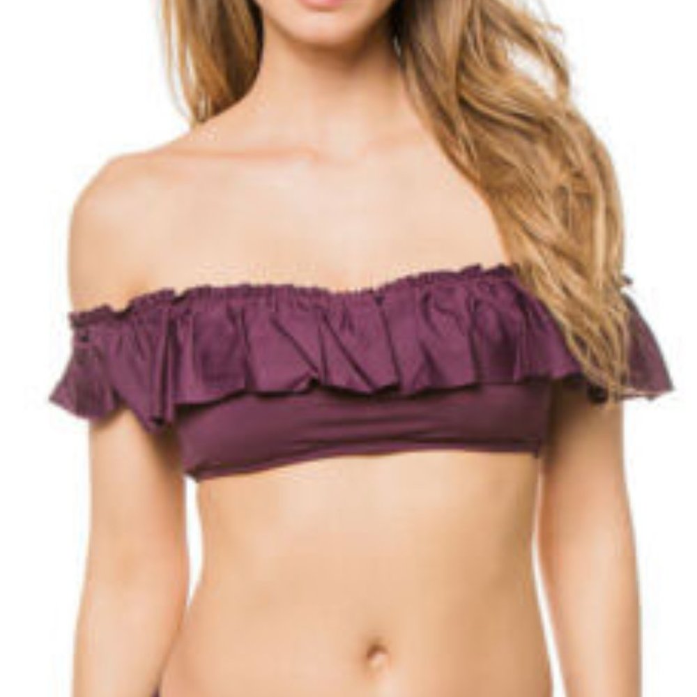 Bleu Rod Beattie Off-Shoulder Ruffle Flounce Bikini Top - Aubergine